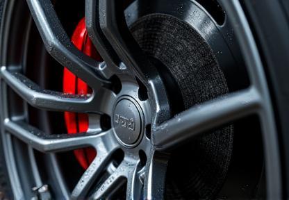 Shiny clean car wheel, tire, and brake caliper